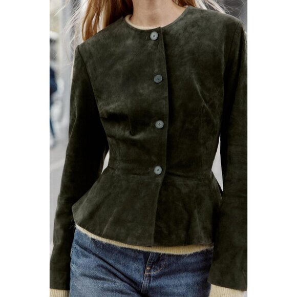 ZARA 100% LEATHER JACKET WITH FLARED HEM - Picture 1 of 7